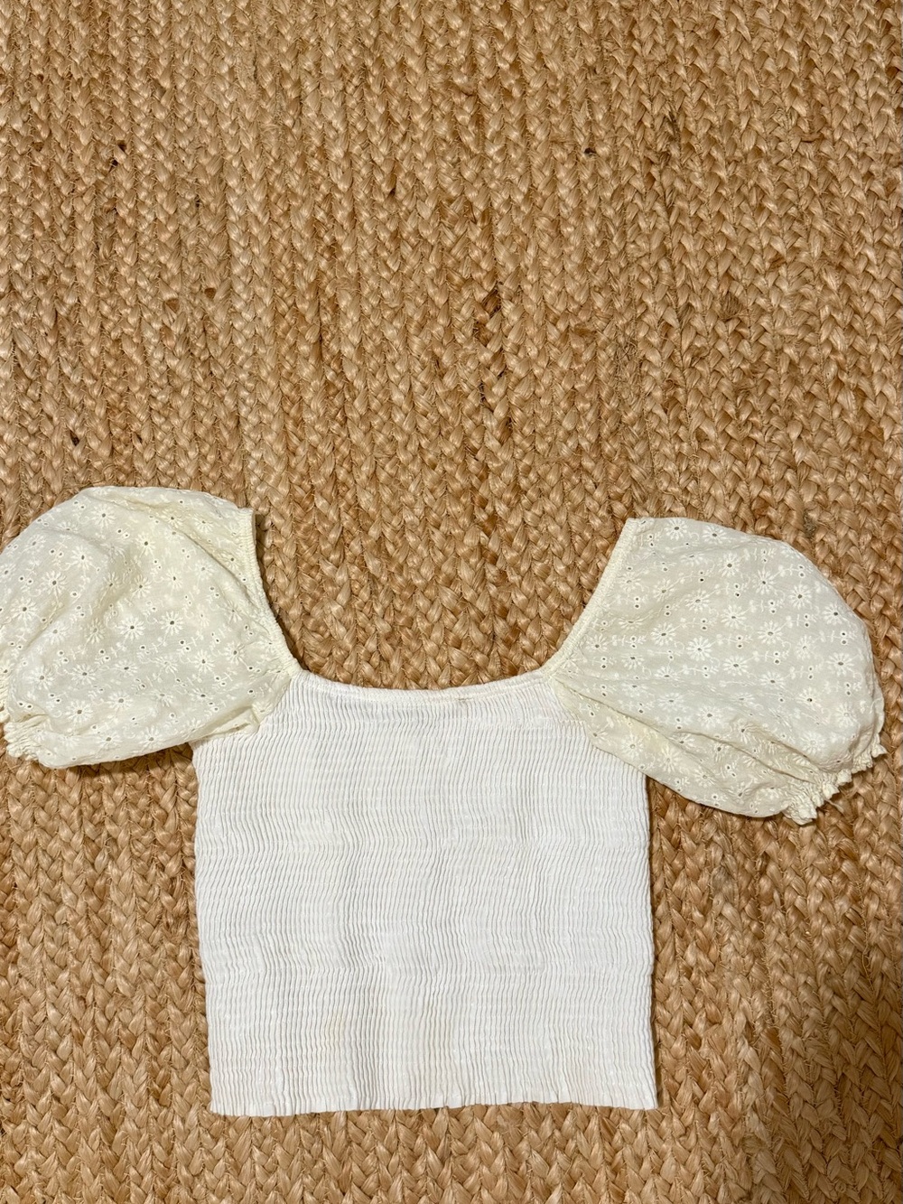 Peixoto Cream Smocked Square Neck Crop Top with Puff Eyelet Sleeves